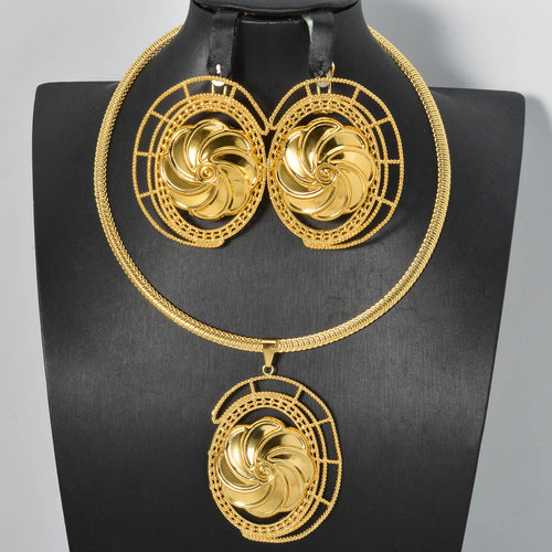 Overseas Bestseller Retro Oval Round Cutout Flower Pendant Necklace Copper Gold Plated Fashionable Women Earrings Necklace Set Women