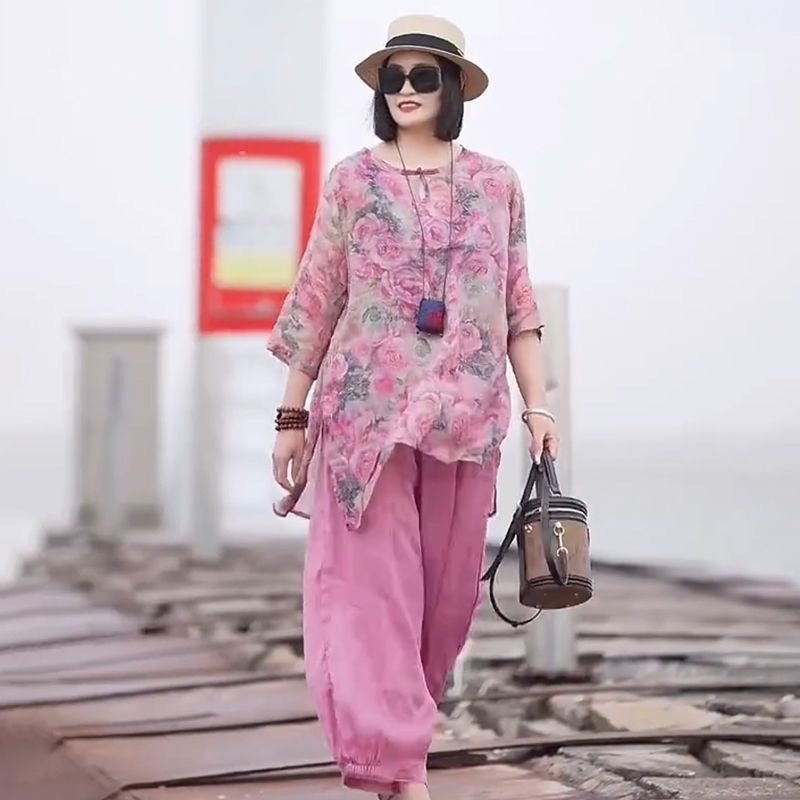 Summer New Chinese Rose Lantern Shirt + Pants 2-Piece Set