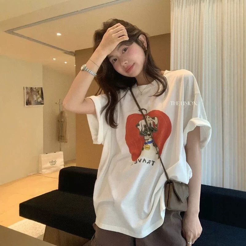 in stock! limited time discount summer new age-reducing apple puppy cartoon print loose short-sleeve