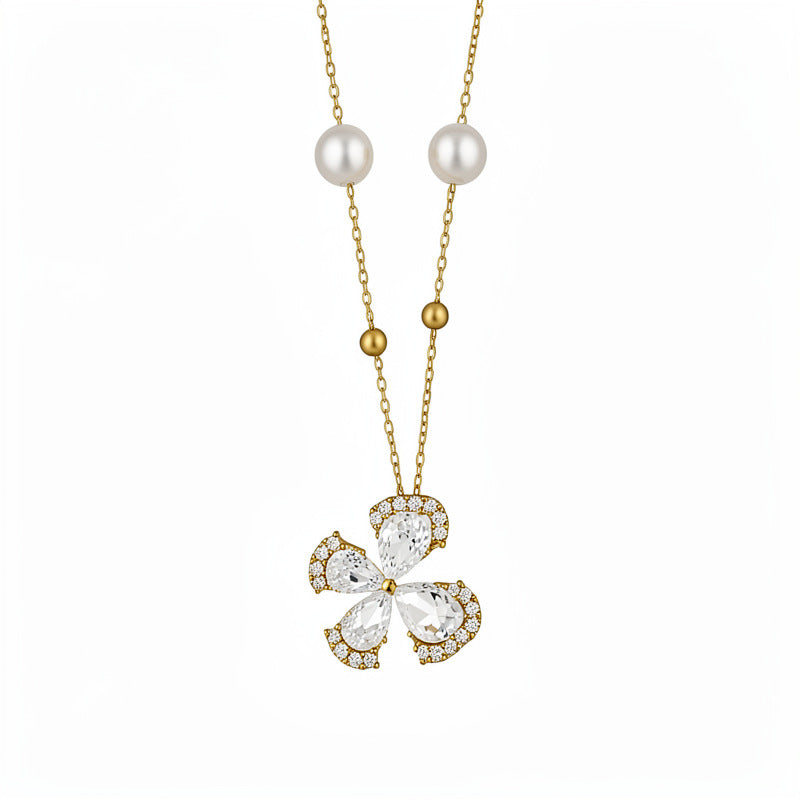 18K Gold-Plated Zircon Flower and Pearl Necklace - view 5