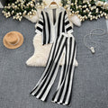 Retro Slimming Plus Size Knit Striped Loose Color-Block Wide Leg Pants + Cardigan Set