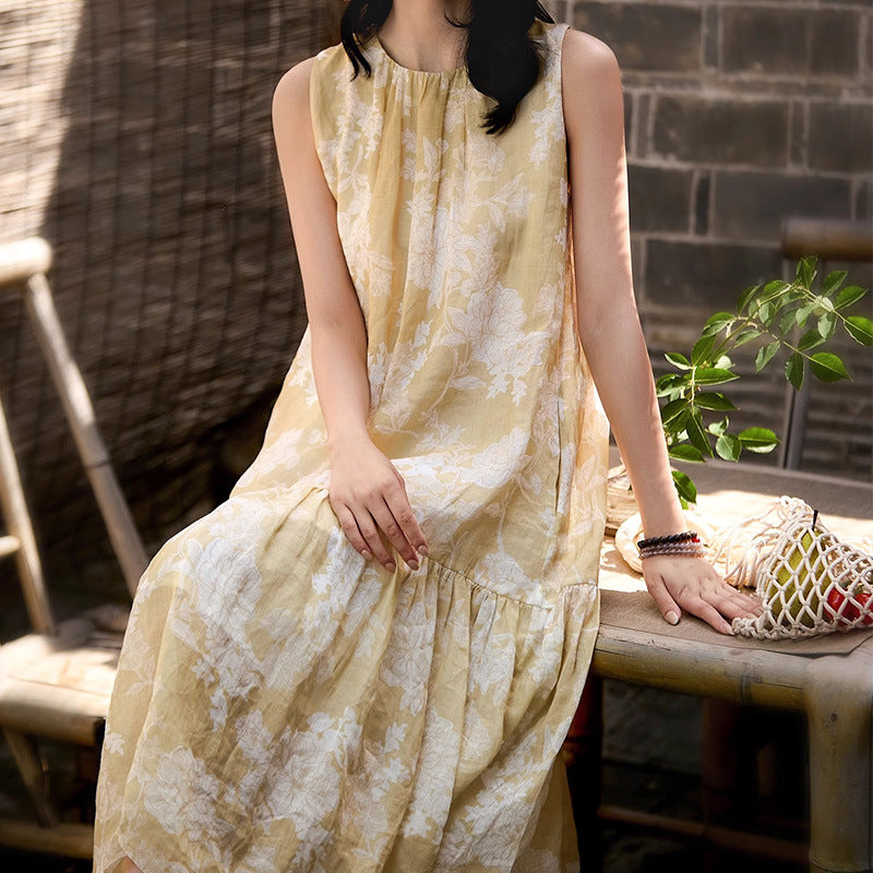 Cool Ramie Printed Sleeveless Loose Camisole Long Dress
