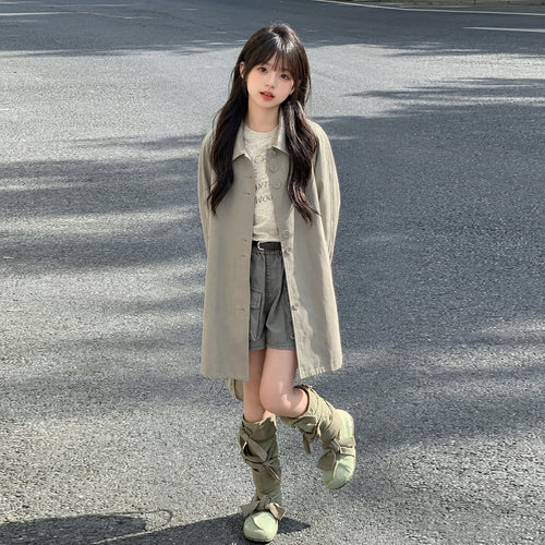 Girls' British Style Mid-Length Trench Jacket - Fall