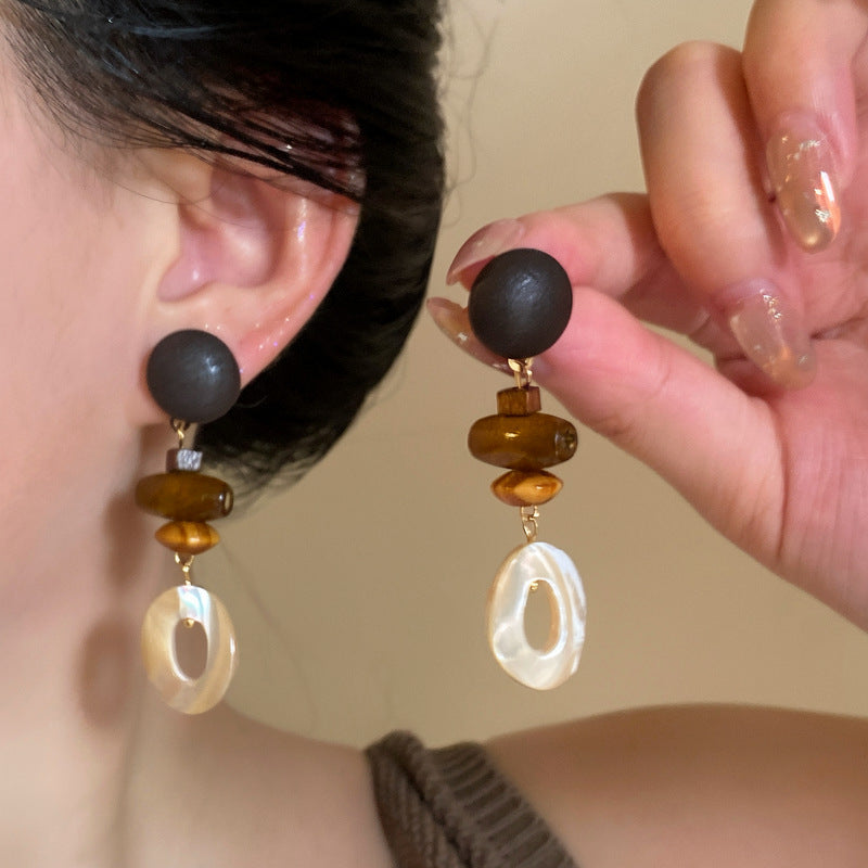 Vintage Wooden and Shell Round Stud Earrings - view 7