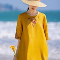 Cotton Linen Retro Embroidered Modified Cheongsam Dress, Round Collar