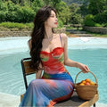 Mesh Ink Print Camisole Fake Two-Piece Fitted Long Dress