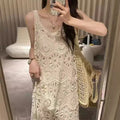法式钩花镂空针织吊带连衣裙女夏宽松叠穿罩裙海边度假无袖背心裙