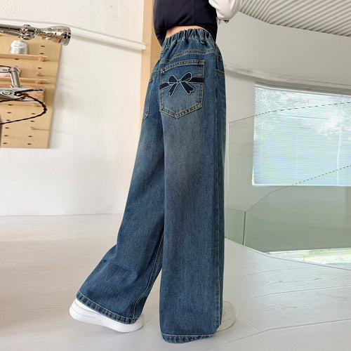 Girls' Back Pocket Bow Embroidered Wide-Leg Jeans