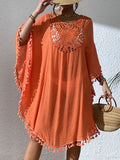 Beach Cover-Up Dress, Crochet Panel Fringe Bikini Cover