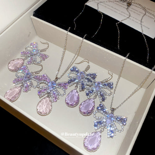 French Super Sparkle Sweet Cubic Zirconia Bow Cutout Earrings Necklace Set Fashionable Exquisite Necklace Design Detail Niche