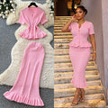 Summer Office Korean Knit Ruffle Fitted 2-Piece Set