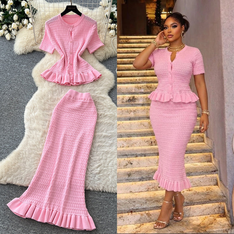 Summer Office Korean Knit Ruffle Fitted 2-Piece Set