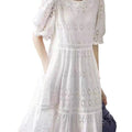 White Cotton Embroidered Puff Sleeve Dress, French Sweet Style