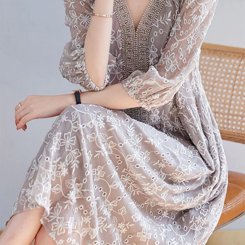 100% Silk Beaded Embroidery V-Neck Maxi Dress - New Chinese Style Plus Size