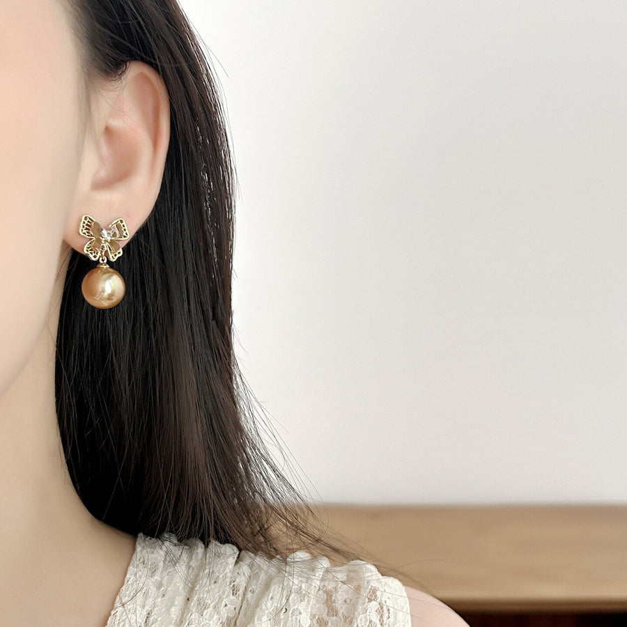 Vintage Zircon Bow Pearl Stud Earrings - view 4