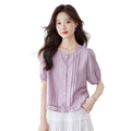 Summer Korean Fashion Short Sleeve Crew Neck Patchwork Lace Trim Shirt