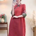 Retro Button-Front Heavy Embroidery Stand Collar Breathable Mid-Length Dress