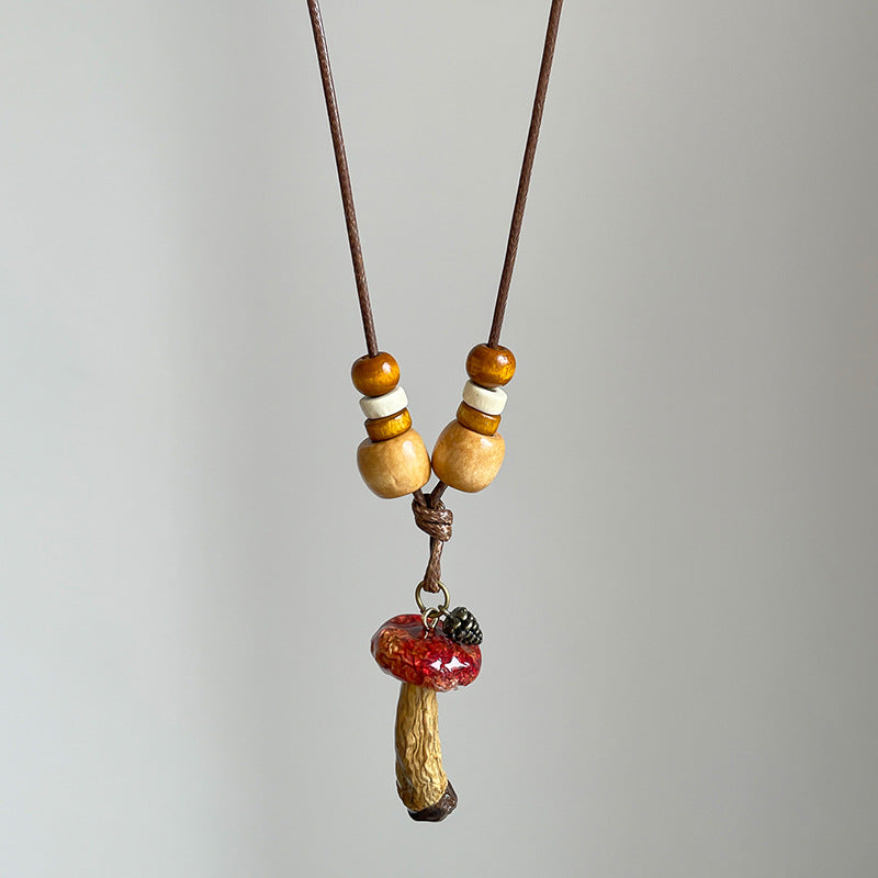 Vintage Bohemian Wooden Mushroom Bead Necklace - view 6
