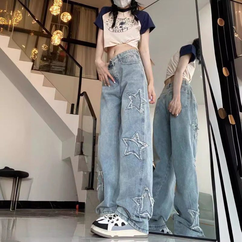 Spring-Summer Embroidered High Waist Loose Wide Leg Straight Leg Pants
