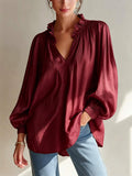 Casual Lantern Sleeve Long Sleeve V-Neck Ruffle Shirt