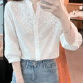 Summer Office Youthful Embroidered Cotton 3/4 Sleeve V-Neck Hollow-Out Shirt