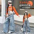 Girls' Short Knit Hoodie Tank Embroidered Jeans Three-Piece Set