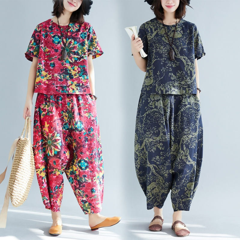 Women's Summer Ethnic Fashion Plus Size Short Sleeve Printed Loose Harem Pants 2-Piec - Rose Red