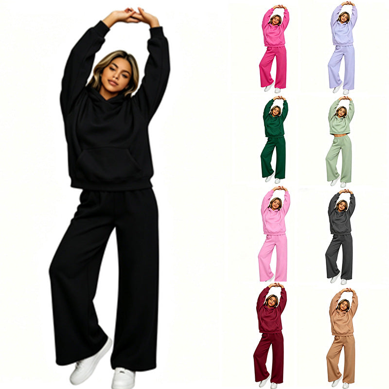 Fall-Winter Sporty Fleece Loose Drop Shoulder Wide Leg Pants + Hoodie 2-Piece Set