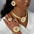Overseas Western Statement Sunflower Mesh Chain Pendant Aluminum Bead Necklace Bracelet Set Earrings Ring Middle East Wedding Set