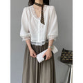 Tencel Linen Lantern Sleeve V-Neck Loose Lantern Shirt