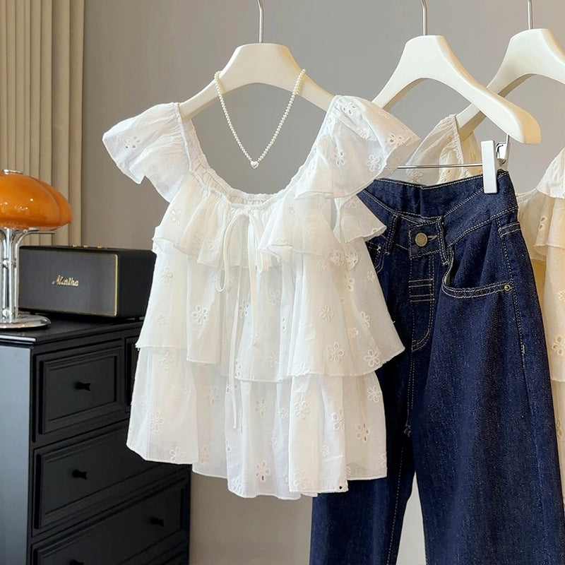 Summer Korean Youthful Mini Flutter Sleeve Sleeveless Ruffle Shirt