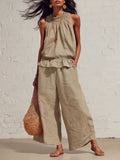 Women's Summer Casual Linen Cotton Sleeveless Ruffle Wide Leg Pants 2-Piece Set 2026 - Red