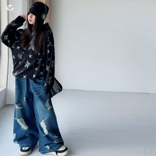 Girls' Star Print Hoodie Distressed Denim Pants Cool Set