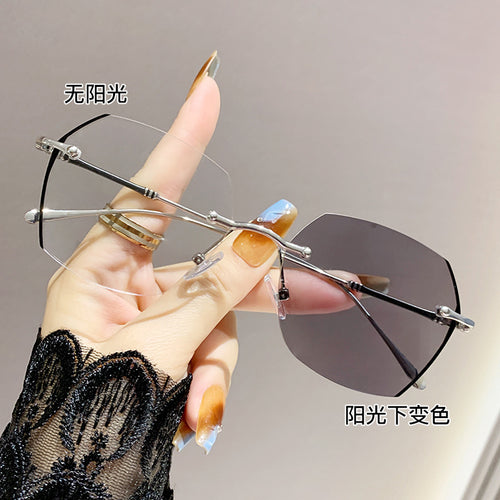 Photochromic Anti-Blue-Light Prescription Glasses Premium Rimless Overseas Bare Face Super Sparkle Bright Pink Rim Trendy Gray Photochromic Myopia Glasses