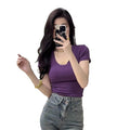 ins pure lust style short-sleeved slim u-neck bottoming short t-shirt women's clavicle-exposing low-