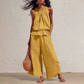 Women's Summer Casual Linen Cotton Sleeveless Ruffle Wide Leg Pants 2-Piece Set 2026 - Red