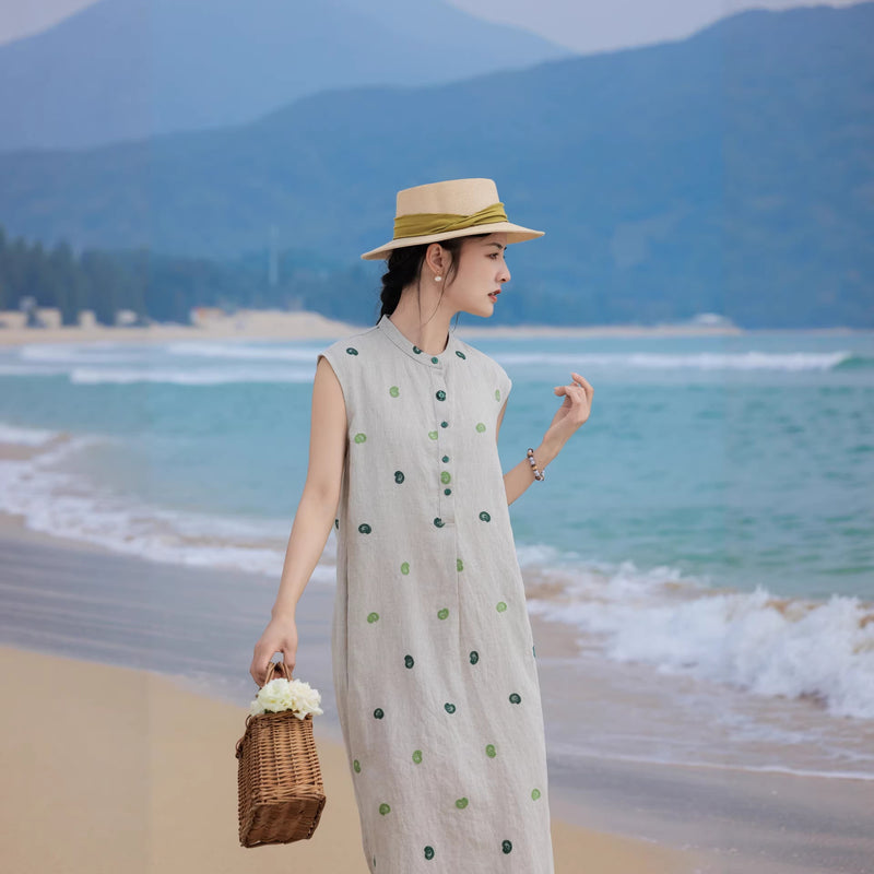 Pure Linen Embroidered Stand Collar Dress, Washed Soft Literary Style