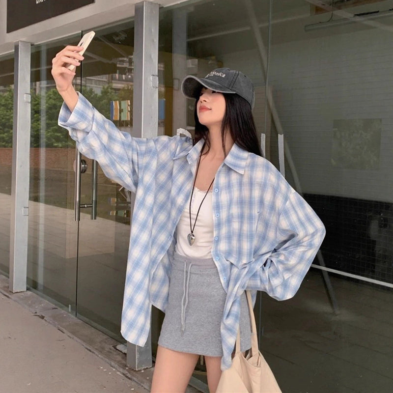 Spring-Summer Korean Casual Long Sleeve Plaid Sun-Protection Loose Shirt + Jacket