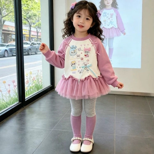 Girls' Tulle Spliced Princess Print Hoodie