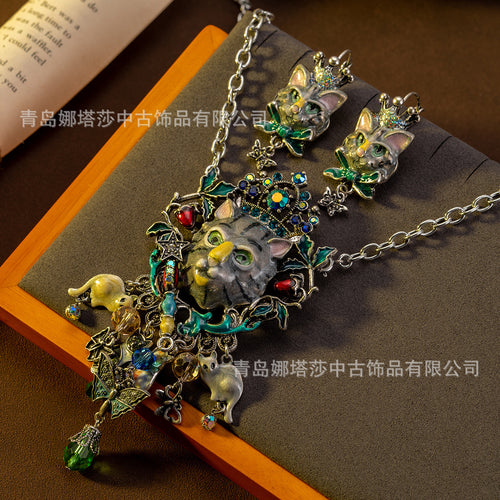 Beauty Silk Wonderland Cat Vintage Stud Stock Up EU Continent Retro Kitty Set Rhinestone Heavy-Duty Accessory