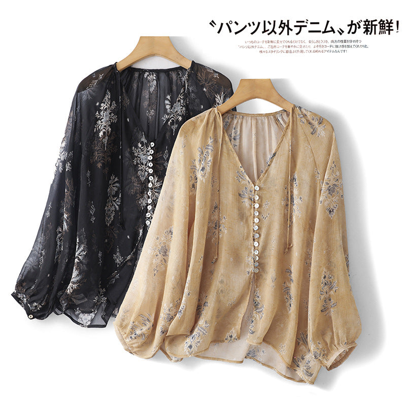 Summer French Elegant Long Sleeve V-Neck Floral Sun-Protection Shirt