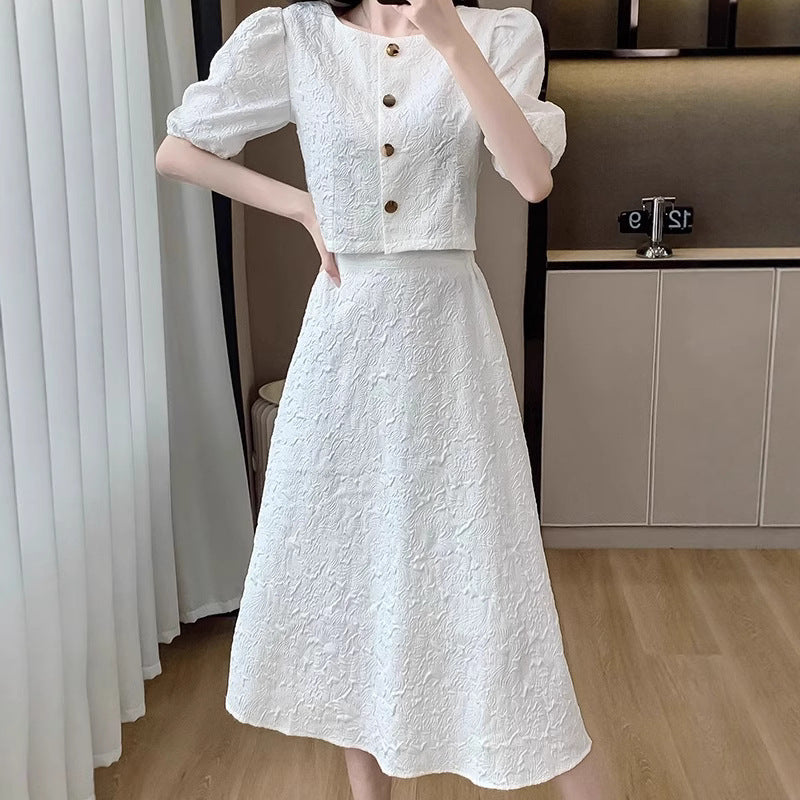 Women's Summer New Chinese Retro Puff Sleeve Qipao Dress + Dress + Skirt Set 2026 - White