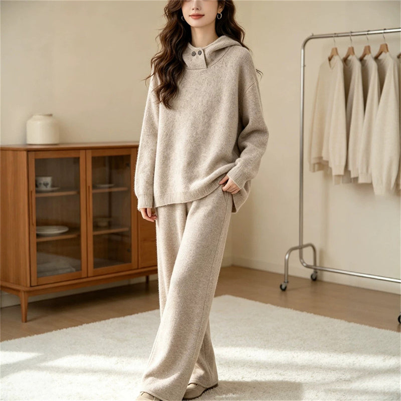 Fall-Winter Relaxed Knit Wool Sweater + Pants + Top 2-Piece Set