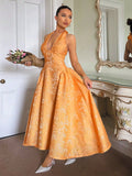 Retro Embossed Floral Pattern V-Neck Sleeveless Swing Dress
