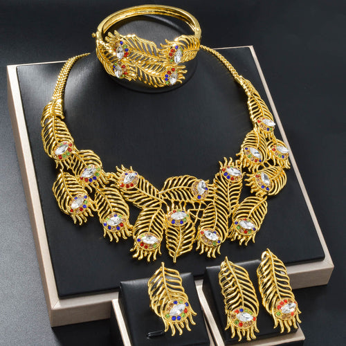 Dubai Gold Western Fashionable Africa Jewelry Necklace Bracelet Set Earrings Ring Cutout Leaves Wedding Banquet Set