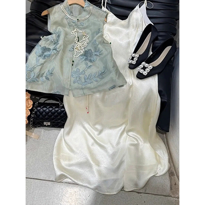 Summer New Chinese Sun-Protection Lightweight Loose Cardigan + Vest + Camisole + Skirt 2-Piece Set