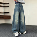 Girls' American Retro Spliced Wide-Leg Curved Jeans