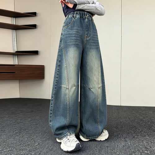 Girls' American Retro Spliced Wide-Leg Curved Jeans