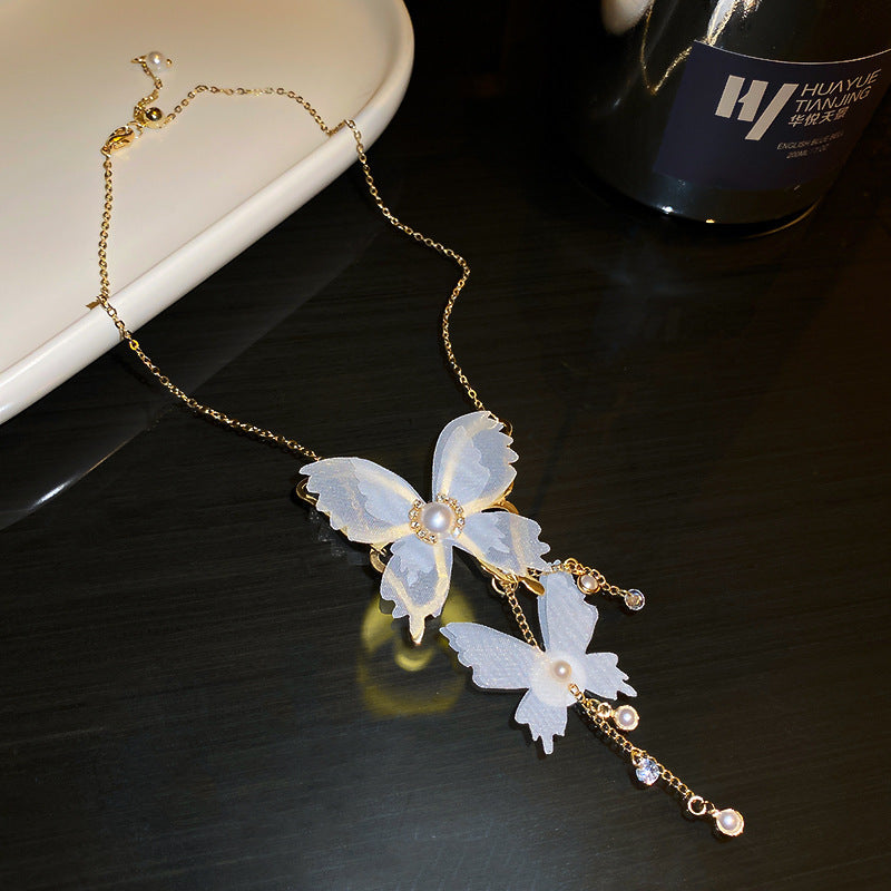 Rhinestone Pearl Butterfly Tassel Necklace – Korean-Inspired Style - view 8