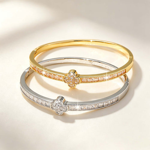 Overseas Bestseller Rhinestone Clover Bangle Lucky Flower Bracelet Fashionable Personality Light Luxury Niche Design Hand Jewelry Item